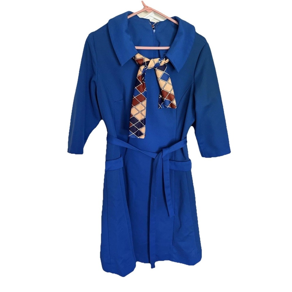 Vintage 1970s Toni Todd Women's Dress Blue Collar Geometric‎ Scarf Retro Size 8